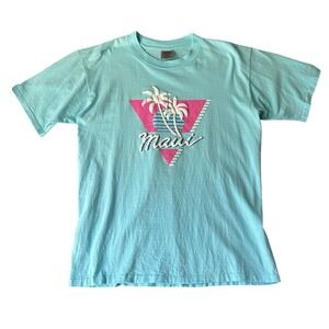 Y2K Maui Puff Print Palm Trees Aqua XL Short Sleeve‎ T Shirt Vacation Resort